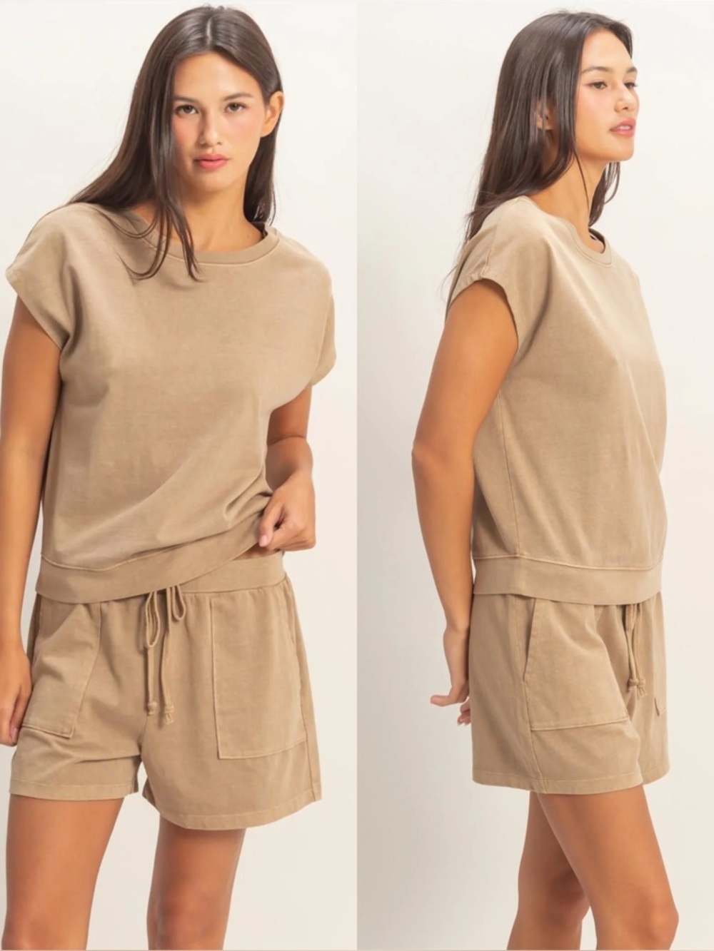 NEW Double Zero Mocha Cotton Lounge Set Sleeveless Crew Neck Shorts Set Large